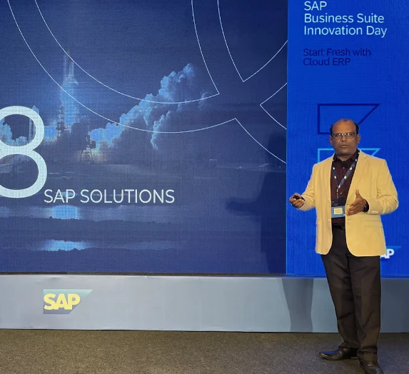 Speaker presenting SAP solutions and cloud ERP strategies